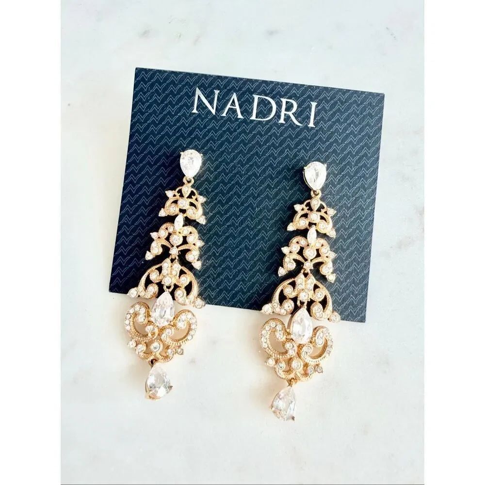 Nadri Gold Crystal Chandelier Earrings | Bridal Wedding Statement Drop CZ